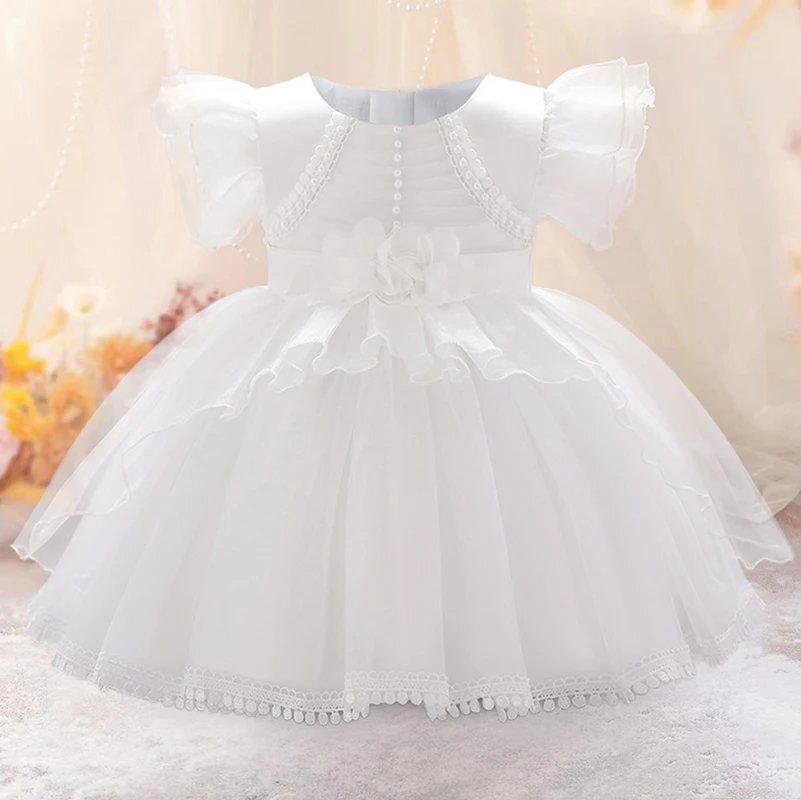 

Baby White Baptism Dress For Girls Flower Toddler Birthday Wedding Gown Ruffles Baby Girl Party Dresses Newborn Christening Gown