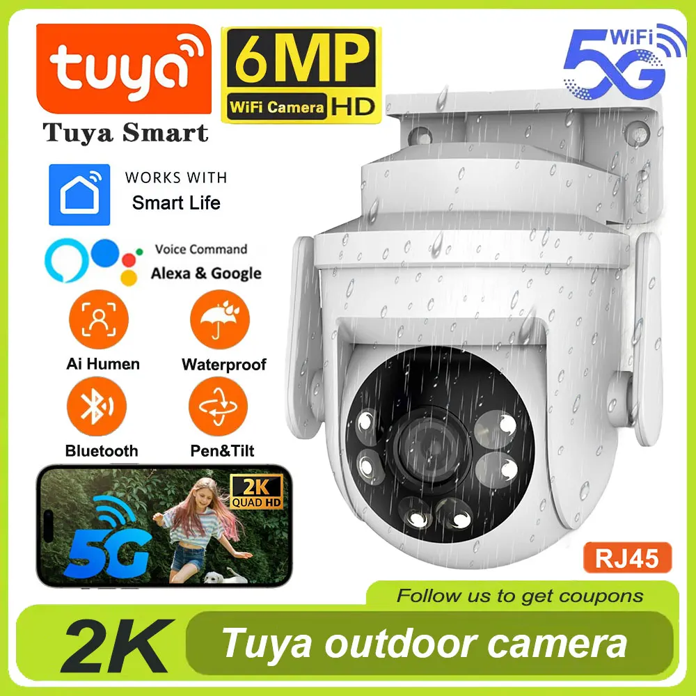 Tuya 5G WiFi كاميرا الأمن في الهواء الطلق UHD 6MP اللاسلكية الرئيسية PTZ IP كاميرا تتبع السيارات كشف للرؤية الليلية مراقبة الفيديو