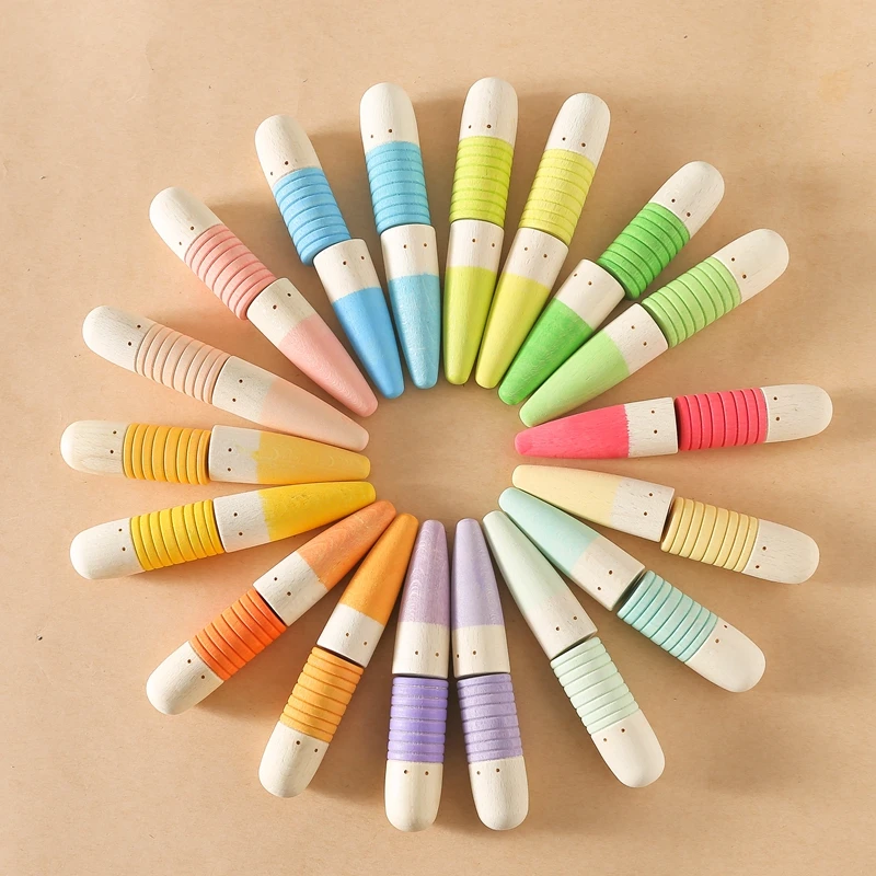 18 ชิ้นไม้ที่มีสีสัน Thumb รูปตุ๊กตาปริศนาของเล่นมินิตุ๊กตารอบชี้หัว Villain สําหรับเด็ก Montessori ของเล่นเด็กของขวัญ