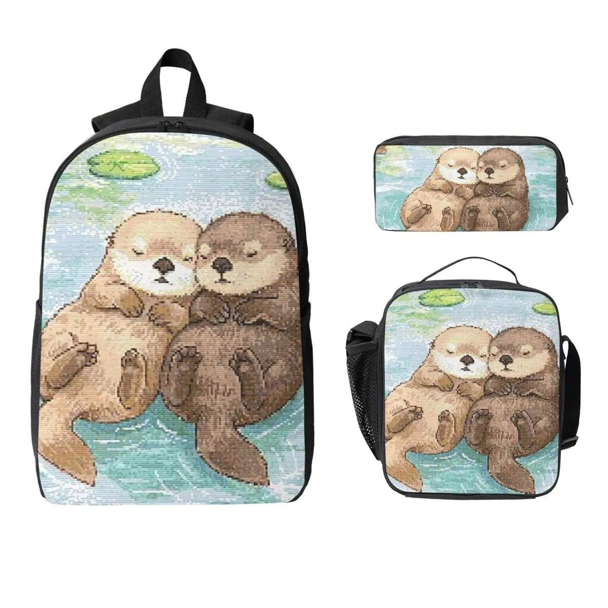 Otter Happily Playing In Water Backpack Boys Girls BookBag School Bag Computer Shoulder Bags 3ps Insulated Lunch Bag Pencil Case