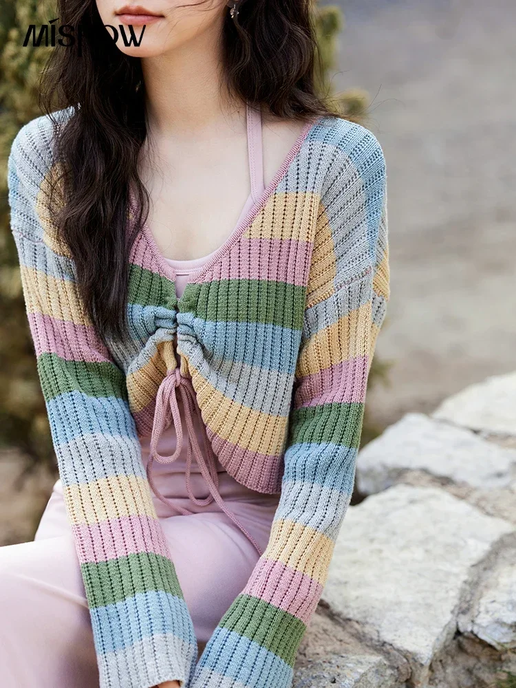 MISHOW Knitted Dress For Women Separately 2025 Spring New Fashion Sweet Vintage Colorful Striped Sweater Slim Dress MXE11L2086