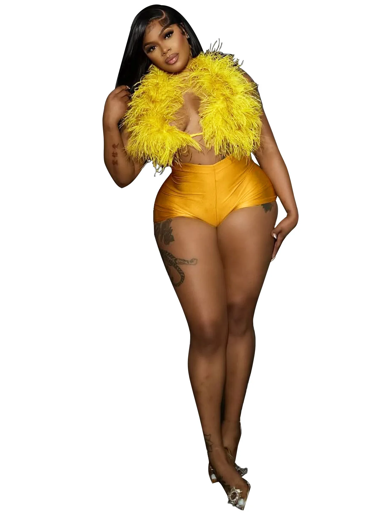 HR25025 Sexy Night Club 2 Piece Pants Set Women Summer Furs Halter Tank Tops and Tight Stretch Shorts Hot Girls Midnight Party S