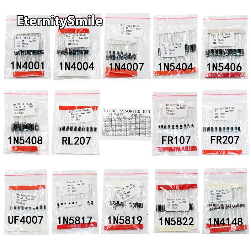 240pcs Fast Switching Schottky Diode Assorted Kit 1N4001 1N4004 1N4007 1N5408 UF4007 FR207 1N5817 1N5819 1N5822 1N4148 RL207