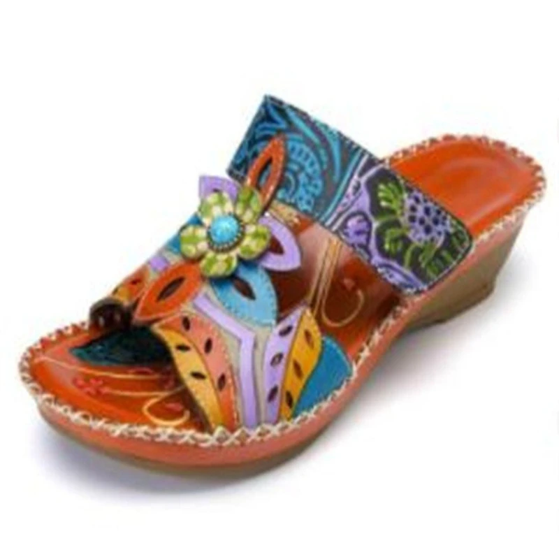 Image of Ethno-Stil Sommer Farbblock Damen-Sandalen Leichte Keilabsatz-Pantoletten für Damen