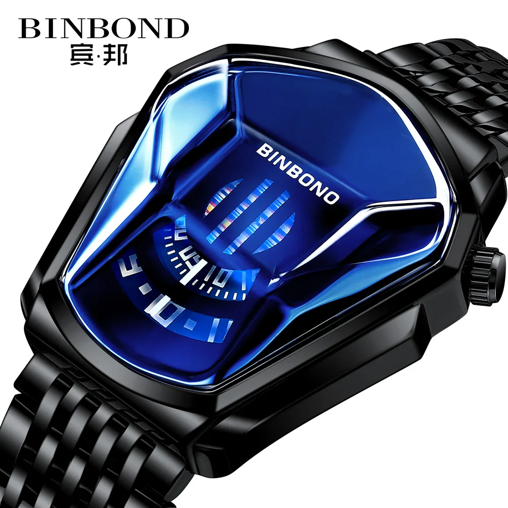 BINBOND Luxury Men Popular Fashion Motorcycle Concept Quartz Watch Luminous Steel Band Watch Touch Screen Black Technology Watch