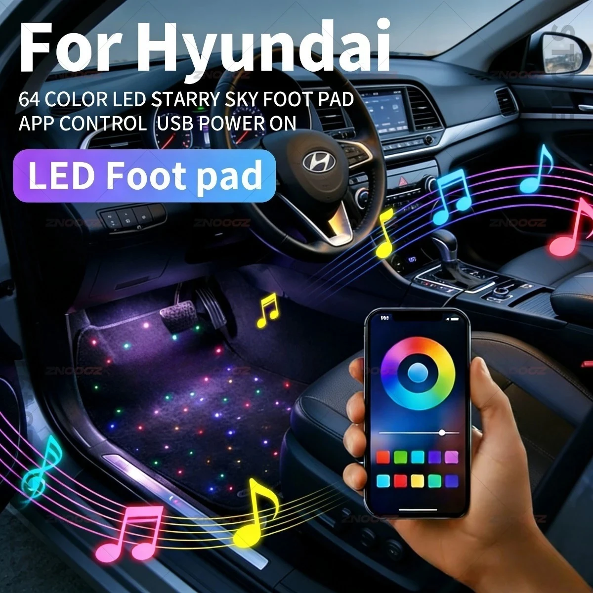 For Hyundai Accent Veloster Creta Nexo Stargazer H1 i10 i20 i30 Elantra Sonata USB Car LED Starry Sky Foot Mat DIY Can Be Cut