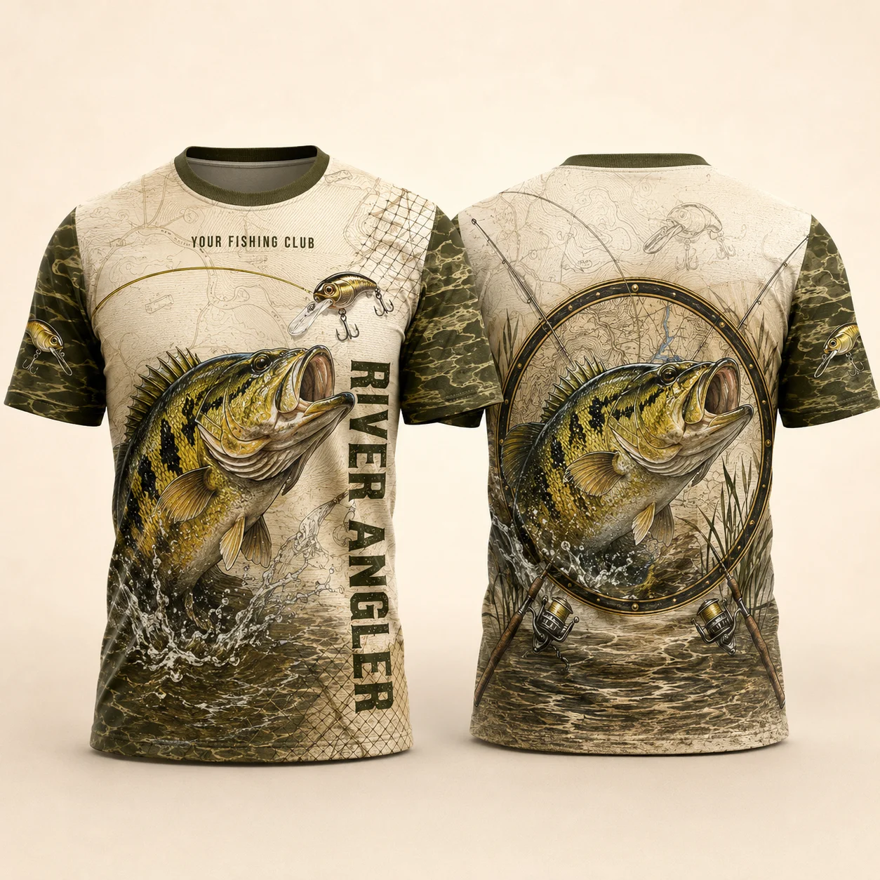 Men 3D Bass Fishing T Shirt Vintage River Angler Graphic Printed Short Sleeve Summer Casual Breathable Outdoor Tees Top
