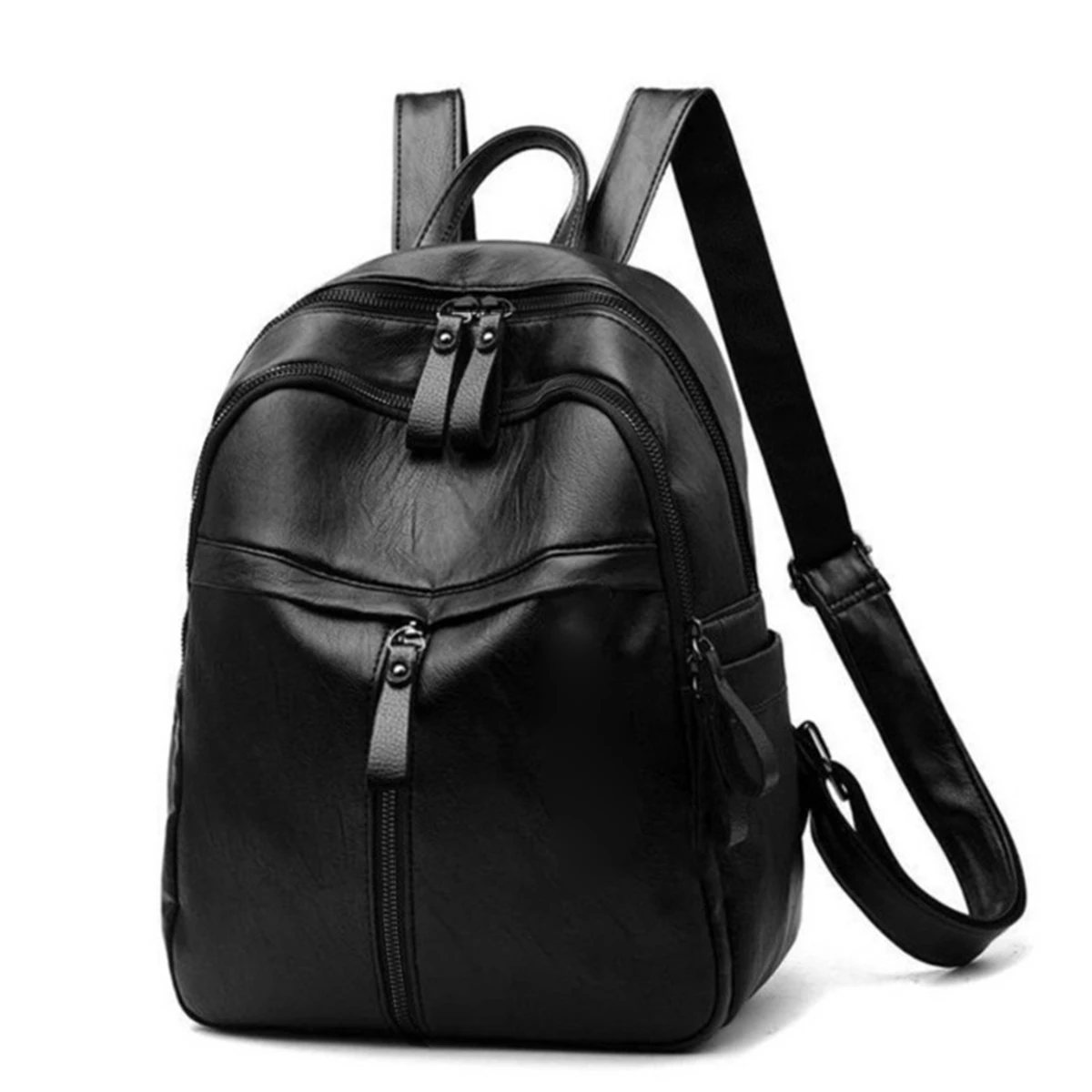 Backpack Korean Fashion PU Soft Leather Trendy Bag Simple Black Casual Backpack Women\'s Single Shoulder Cross Shoulder Bag-LJX