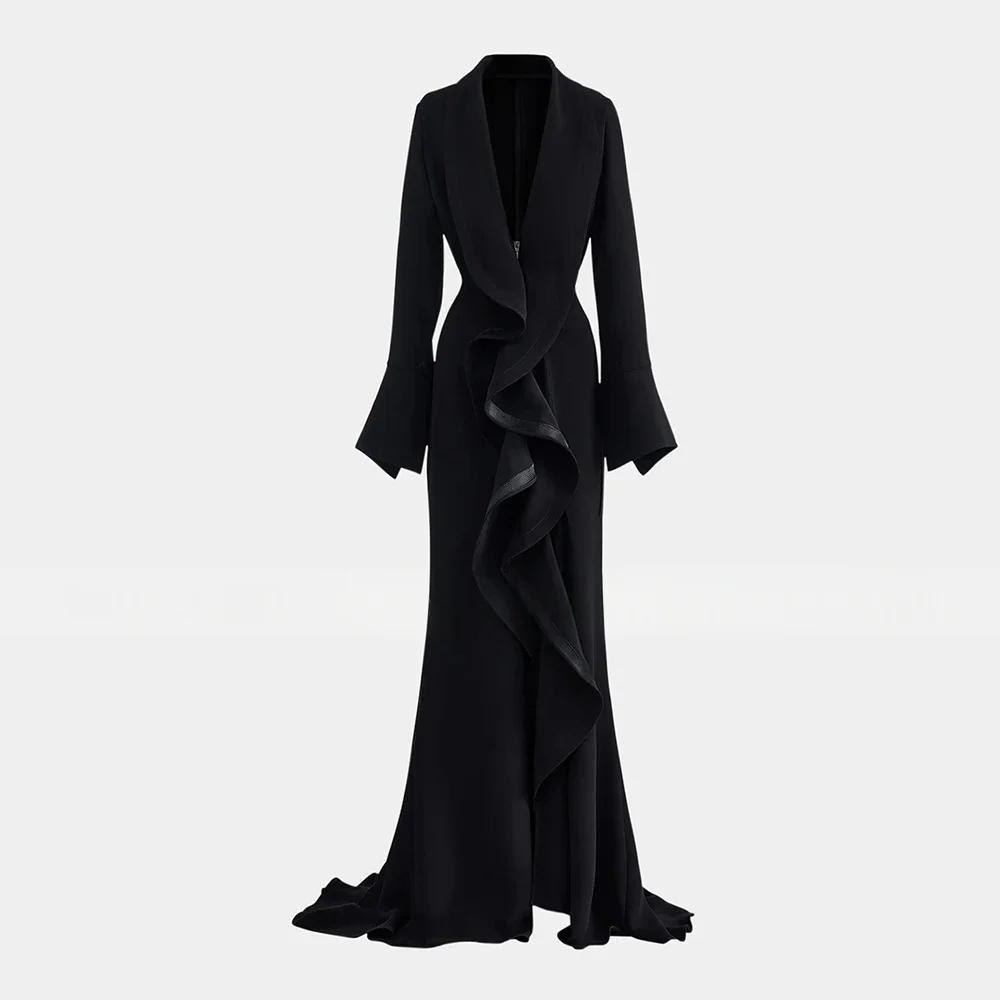 JDY Custom Modern Evening Dress Long Sleeve Deep V Neck Ruffle Womens Evening Dress Black Plain Knit Wedding Guest Gown