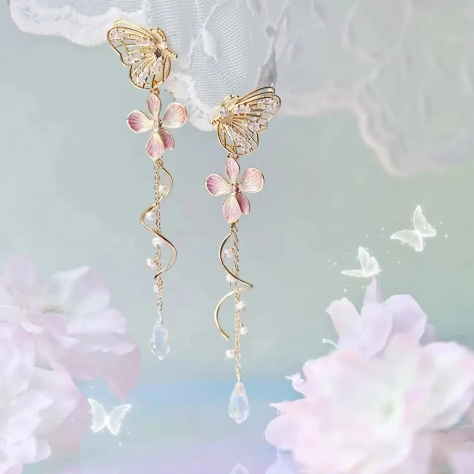 Korean Elegant Butterfly Earrings For Women Exquisite Crystal Zircon Long Tassel Flower Drop Earrings Girls Temperament Jewelry image 5