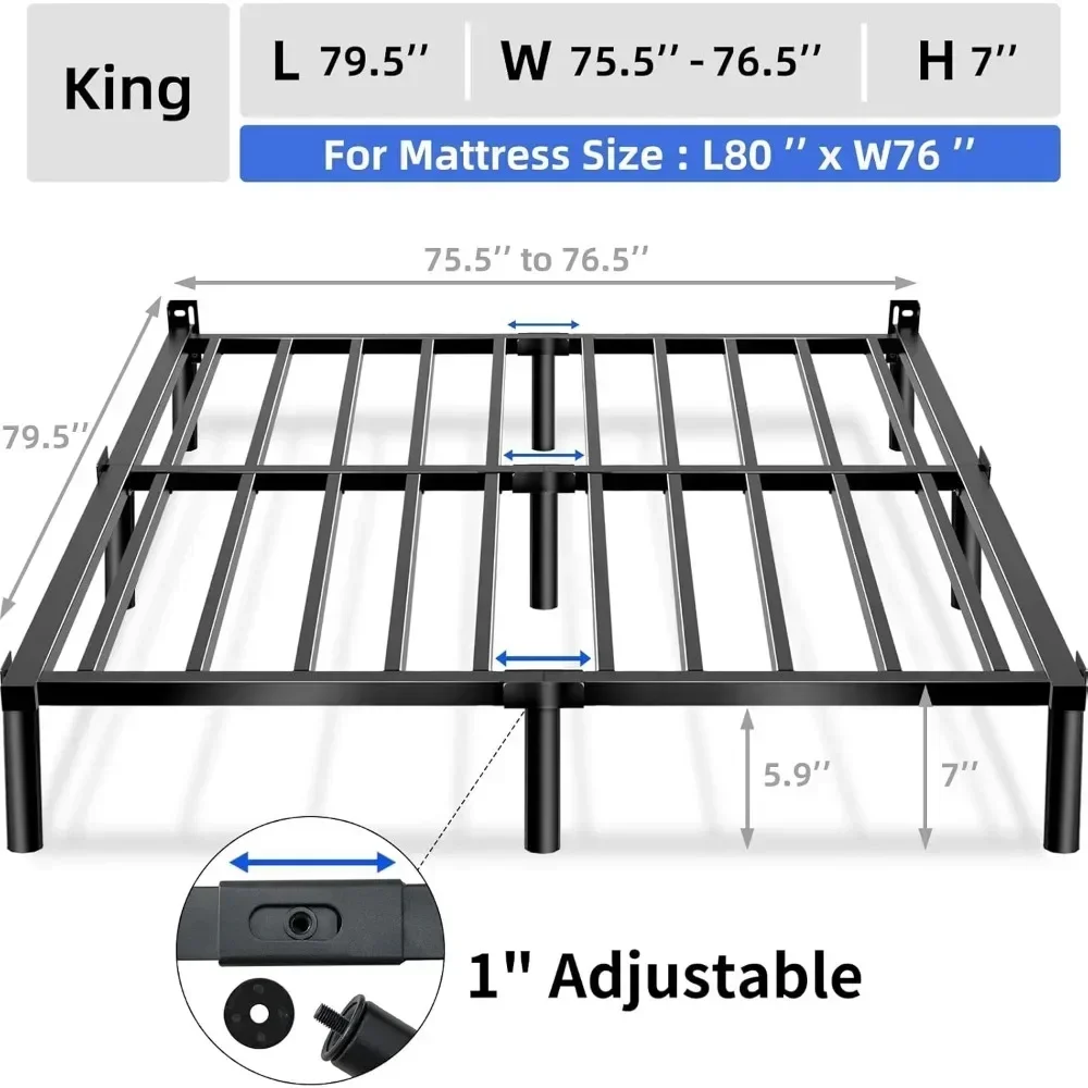 Marco de cama bajo King de fácil montaje sin herramientas, marco de cama con plataforma de 7 pulgadas, no necesita somier, soporte de listones de acero resistente, moderno M