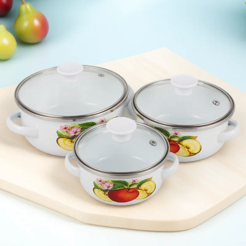 

3pcs Mini Soup Pot Flower Design Cookware Stockpot Small Enamel Lid Porcelain Cover Multi Use Stewing Kitchen Home Wear