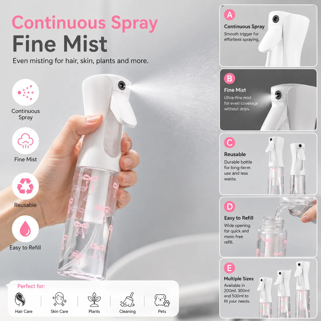 200/300/500ml Cute Bow Fine Mist Spray Bottle, Refillable Continuous Mister for Hair Skin Plants Cleaning Travel