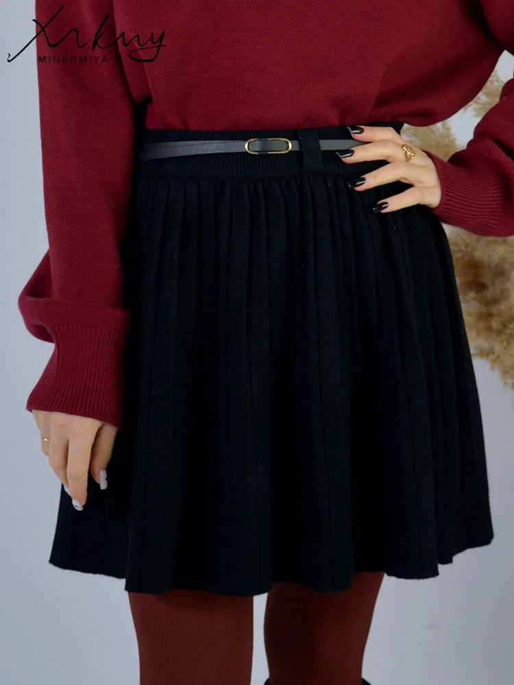 MiuKoMiYa Autumn Black Short Pleated Skirt Women Winter High Waist A Line Pink Skirts With Belt Women's Mini Skirts Coffee