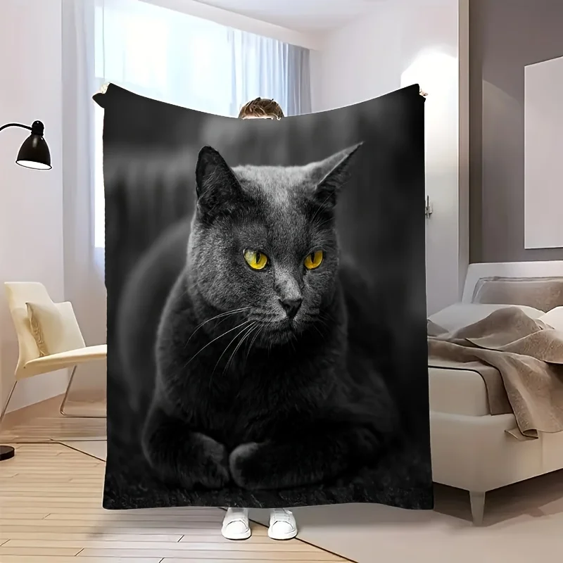 Cozy High-Definition Adorable Blue Cat Print Flannel Throw Blanket , Tear-Resistant, Stain-Resistant, Machine Washable