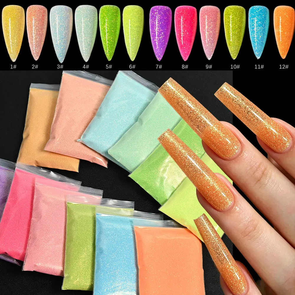 10G/Bag 12 Colors Pastel Macaron Fine Glitter Powder Holographic Micro Shimmer Nail Pigment Dust For Nail Resin Crafts Supplies
