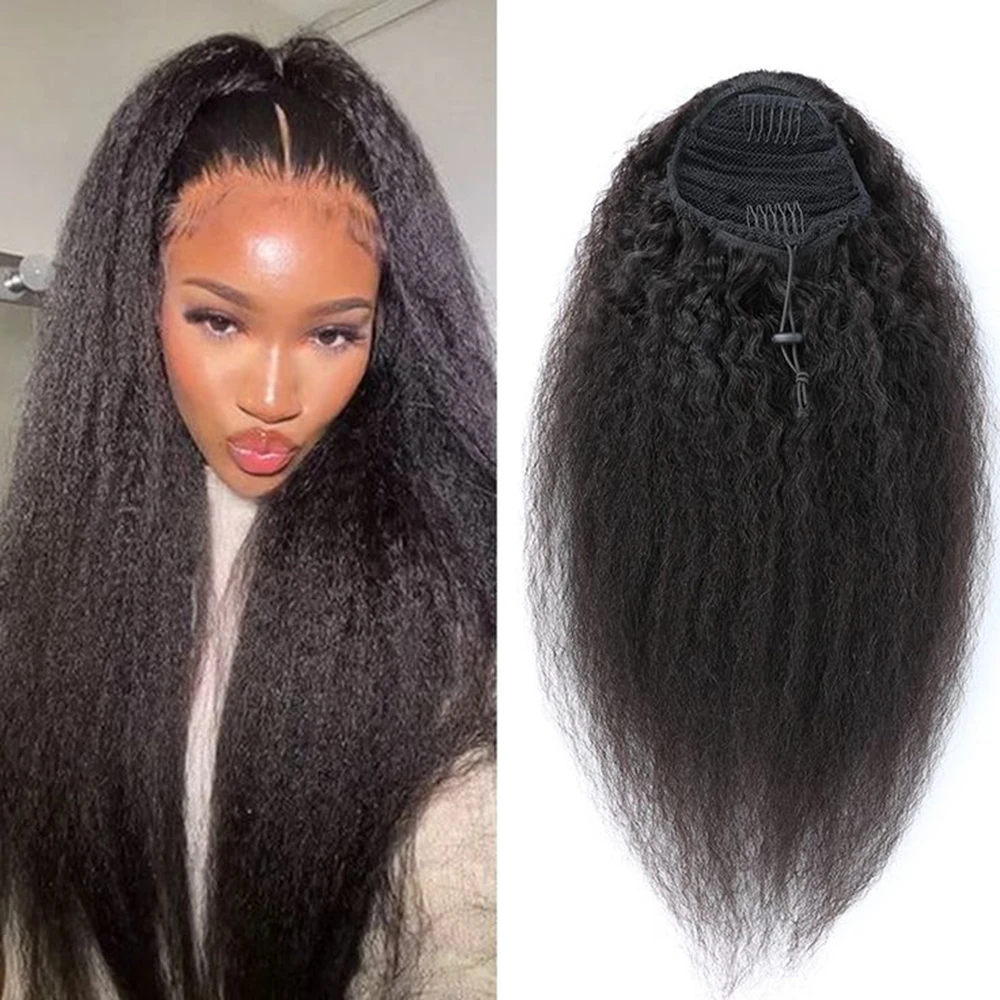 Human Hair Extensions Deep Water Wave Drawstring Ponytail Kinky Curly Brazilian Natural Black With Clip Ins Ponytail