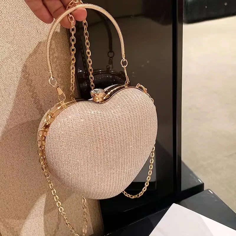 Wieczorowa kopertówka damska torba błyszcząca torebka kształt serca metalowe kopertówki torba modny łańcuszek na ramię torba typu crossbody luksusowa torebka damska