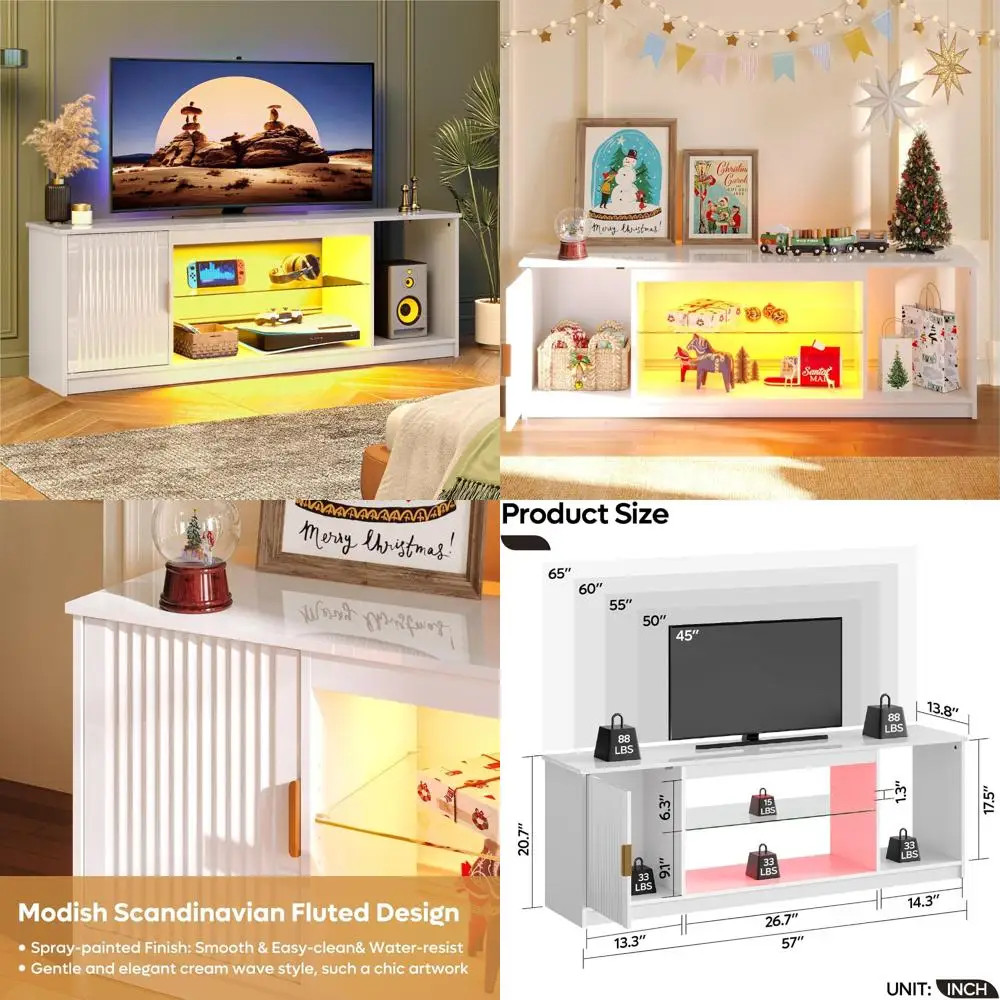 

Glossy 65 Inch TV Stand with Fluted Design, Entertainment Center for Gaming Consoles, Adjustable LED TV Cabinet for PS5 and Xbox