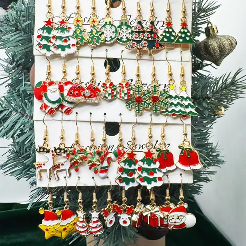 20Pairs Christmas Dangle Earrings Enamel Drop Santa Gingerbread Snowman Snowflake Gift Box Cartoon Holiday Ear Jewelry