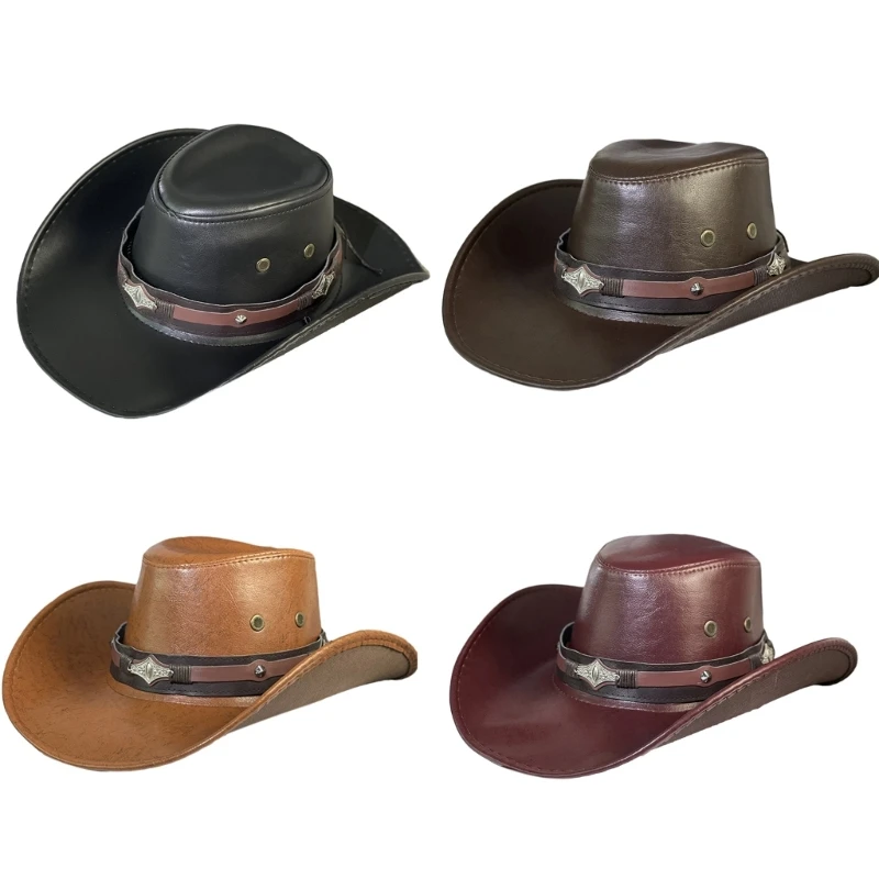 

Adult Punk Cowboy Hat American Large Brim Hat Rolled Brim Fedoras PU Leather Cowboy Hat with Adjustable Chin Rope N58F