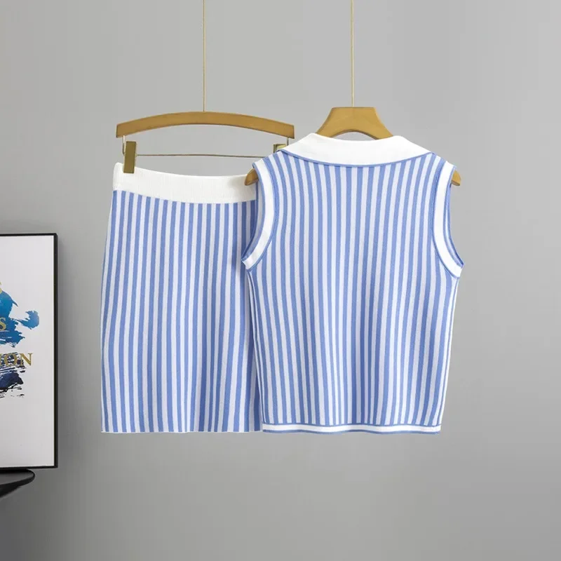 Camicia senza maniche a righe casual Canotte + Minigonna in vita elastica Set da 2 pezzi Nuovo abito allentato moda skinny a vita alta Donna
