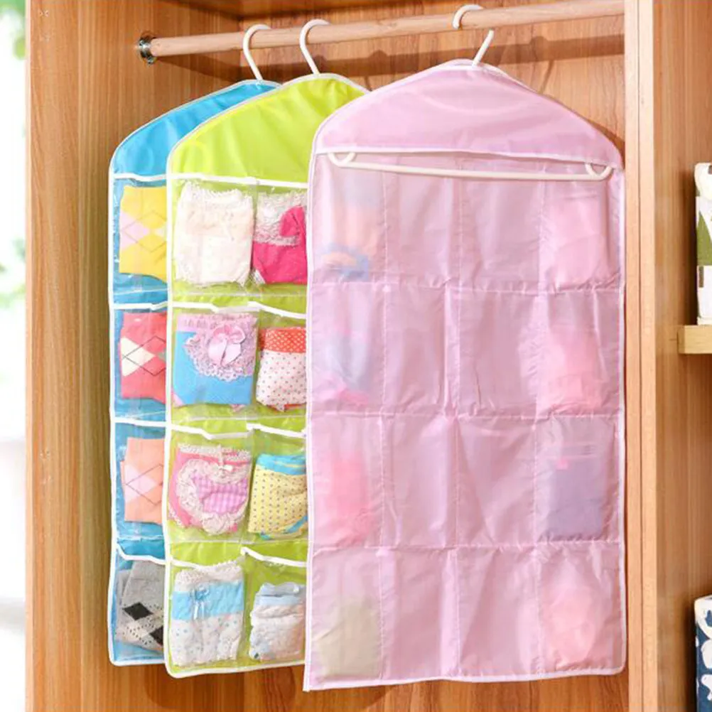 16 Grid Clear Hanging Storage Bag for Underwear Socks Bras Necklaces Hairpins Watches Bracelets Home Bedroom Bathroom Kitchen