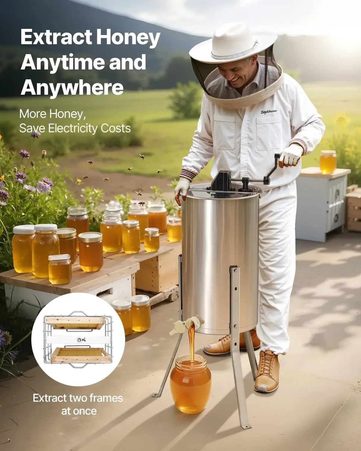 Honey Extractor, 2 Frame Manual Honey Extractor with Transparent Lid, Stainless Steel Honeycomb Drum Spinner with Height Adjusta