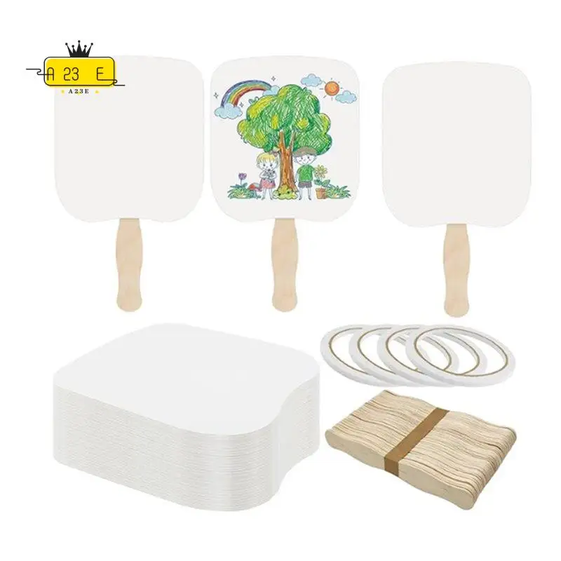 A23E-50 Set Church Fans Handheld Set, 50 Blank Cardstock Paper Fans With 50 Wavy Wooden Sticks, Paper Fan Handheld