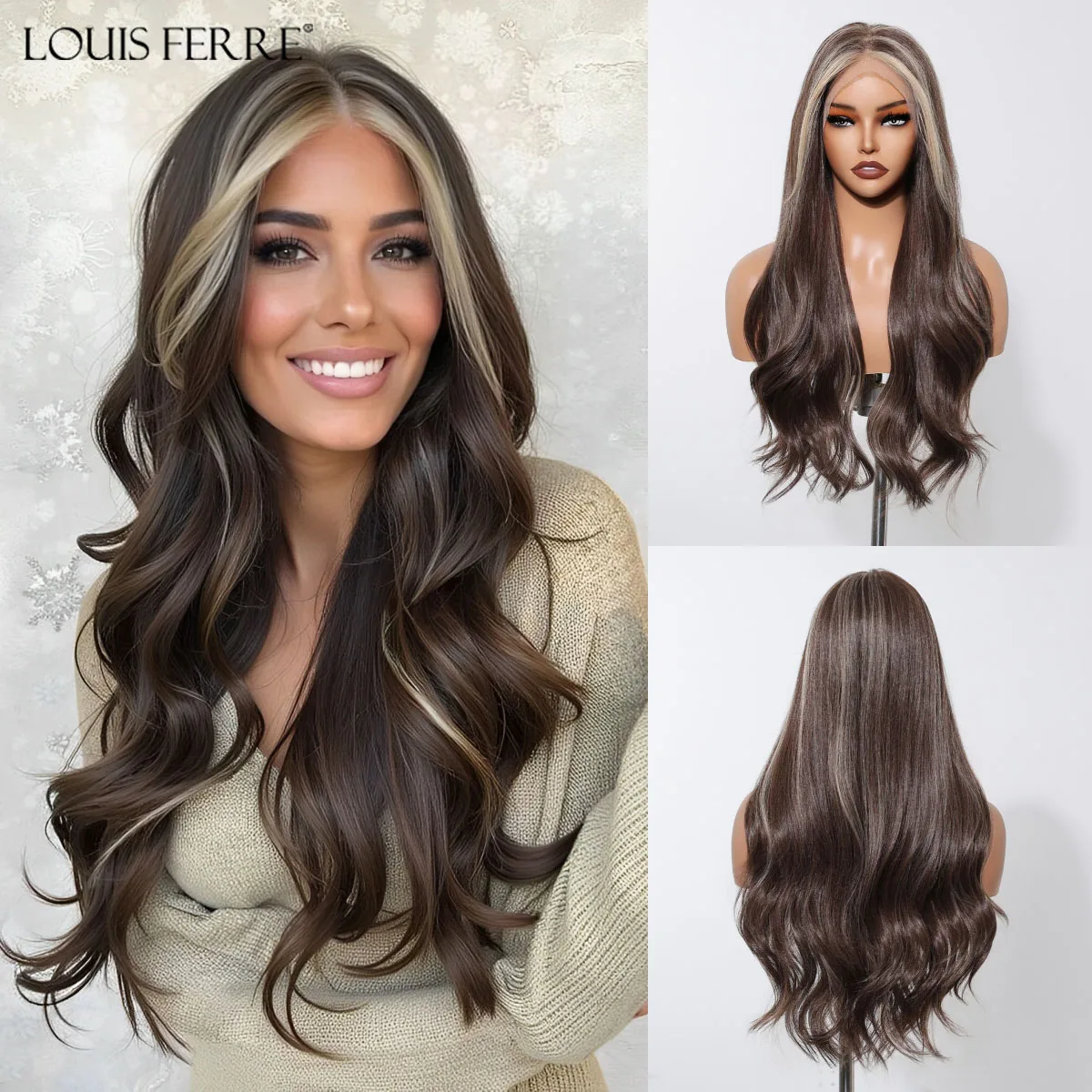 

Brown With Blonde Highlights Synthetic Wig For Women Daily Long Wavy 13x6 Lace Frontal Hair Natural Hairline Heat Resistant Wig