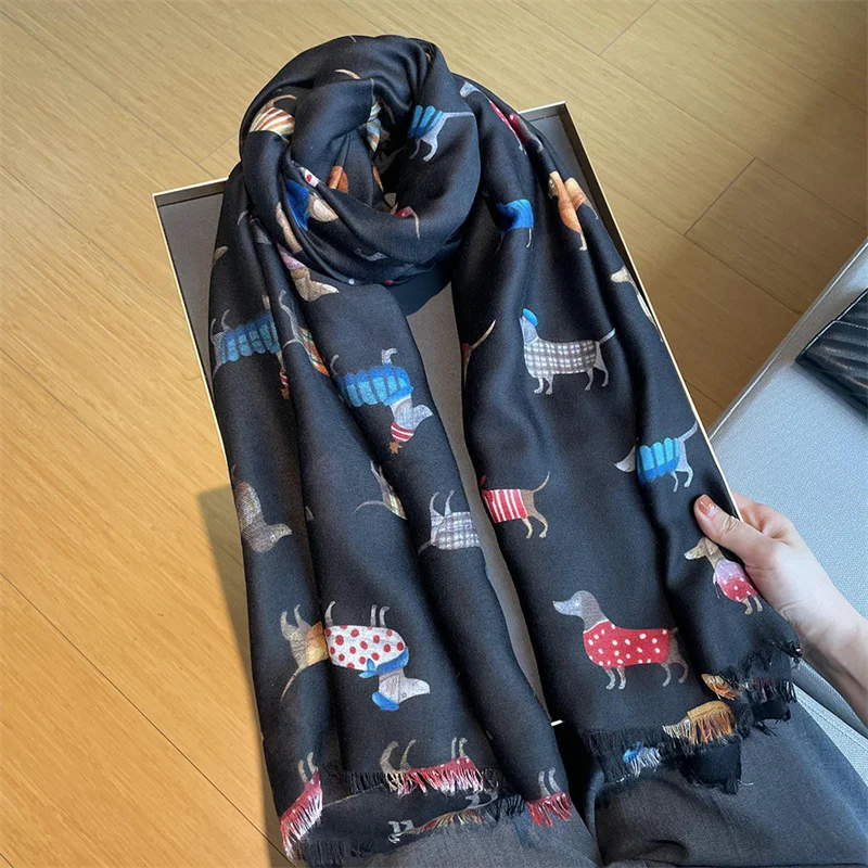 Cartoon Teckel Hond Patroon Franje Viscose Sjaal Poedel Print Zachte Voile Sjaals En Wraps Pashmina Moslim Hijab Sjaal 180*90Cm