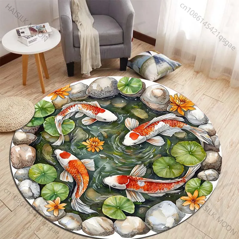 Serene Beauty of Koi Pond Printed round carpet living room sofa table carpet large pet mat soft round carpet home decoration