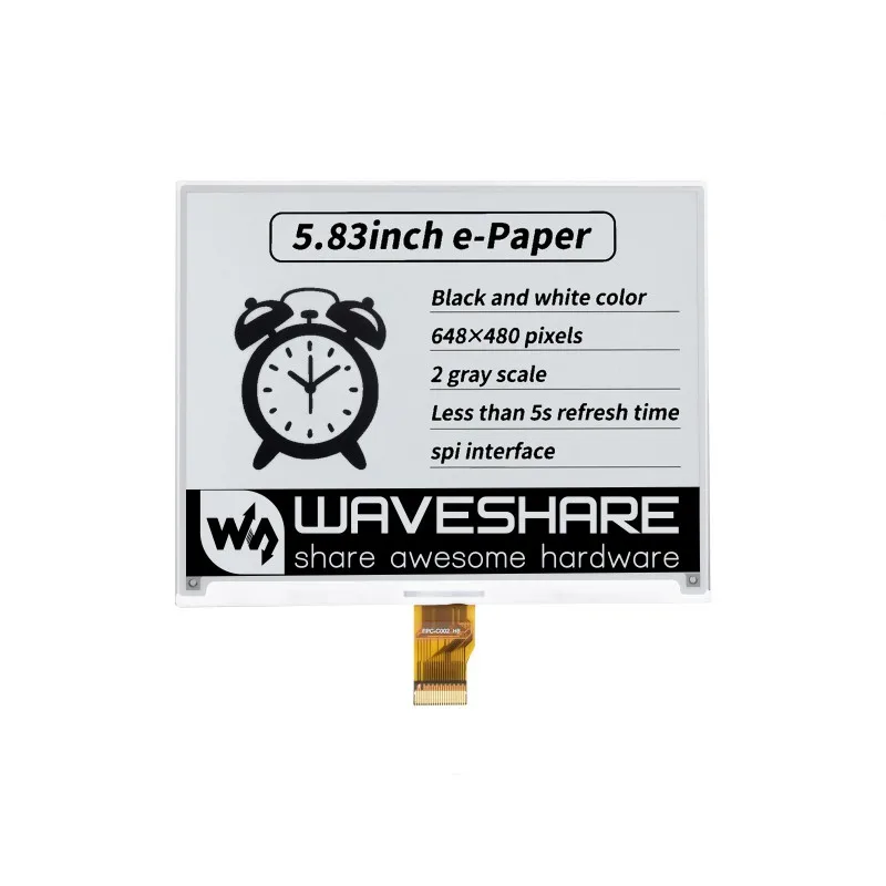 Waveshare display crudo de tinta eletrônica de papel eletrônico de 5,83 polegadas, 648 × 480, preto / branco, SPI, sem PCB