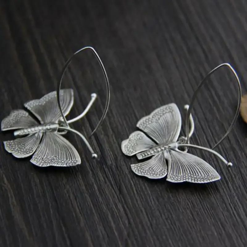 Pur 100% 925 Sterling Argent Exagéré Grand Papillon Goutte Boucles D'oreilles Pour Les Femmes À La Main Style Vintage