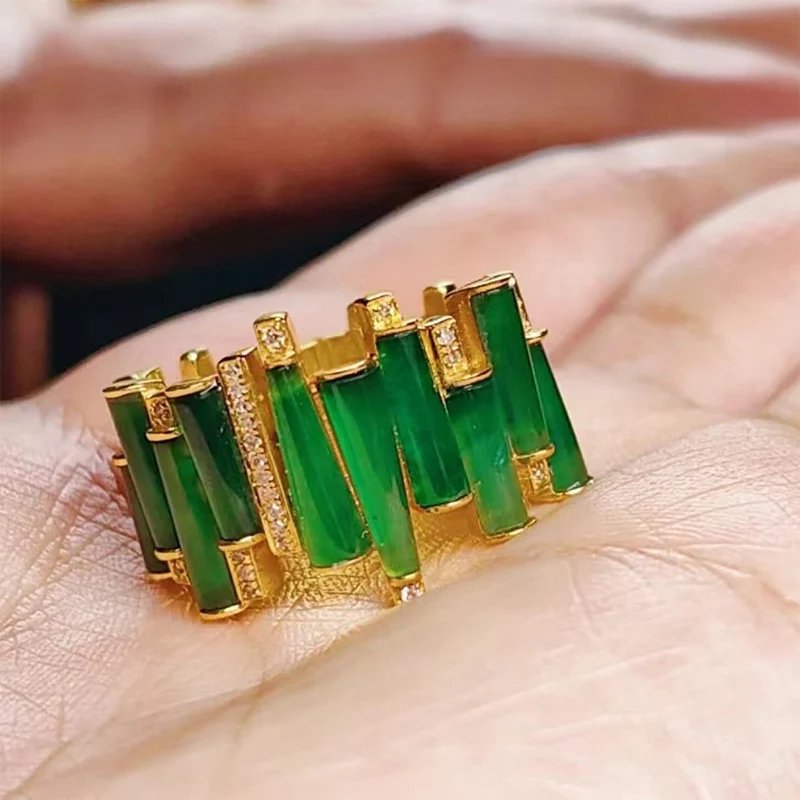 Foxanry Gold Color Sparkling Green Zircon Rings For Women Girls Creative Trendy Vintage Elegant Engagement Jewelry Accessories