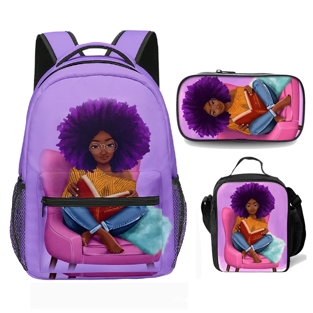 

Trendy Youthful African girls 3D Printed 3pcs/Set Student School Bags Laptop Daypack Backpack Crossbody Lunch bag Pencil Case