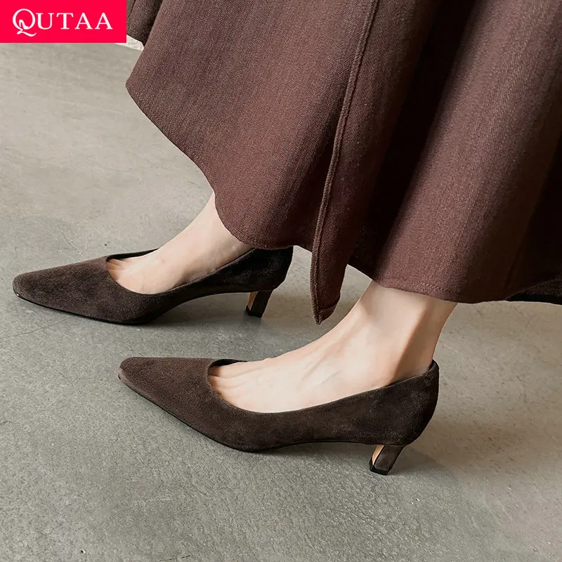 QUTAA 2026 Spring Fashion Women Pumps Shoes Sexy High Heels Sexy Kid Suede Autumn Square Toe Shoes Party Dress 34-40