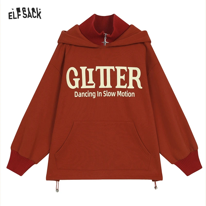 ELFSACK 2024 Winter New Arrivals Red letter printing knitted collar stitching plus velvet hoodie women loose casual Christmas