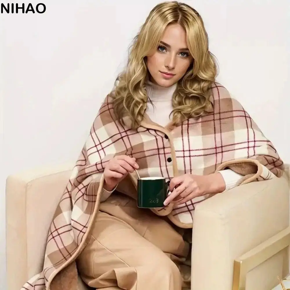 

Casual Plaid Blanket Wearable Blanket Thicken Soft Home Shawl Polyester with Button Flannel Blanket Travel