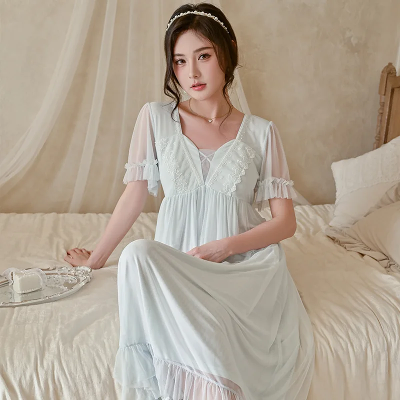 

[Moonlight Yarn] Mesh Lace Pajama with Chest Pad Women's Summer Modal French Court Style Long Pajamas