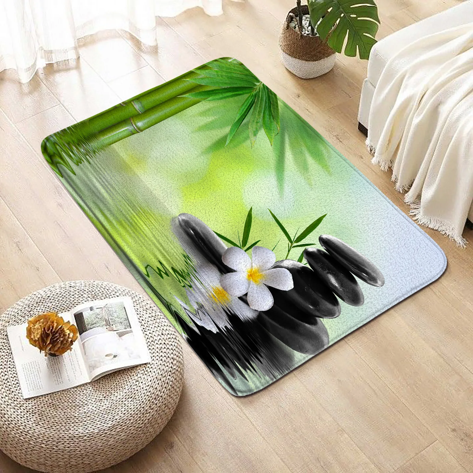 Zen Bath Mat Black Stone Water Orchids Flower Leaves Spa Bathroom Decoration Anti-slip Entrance Mat Floor Rug Carpet Home Decor