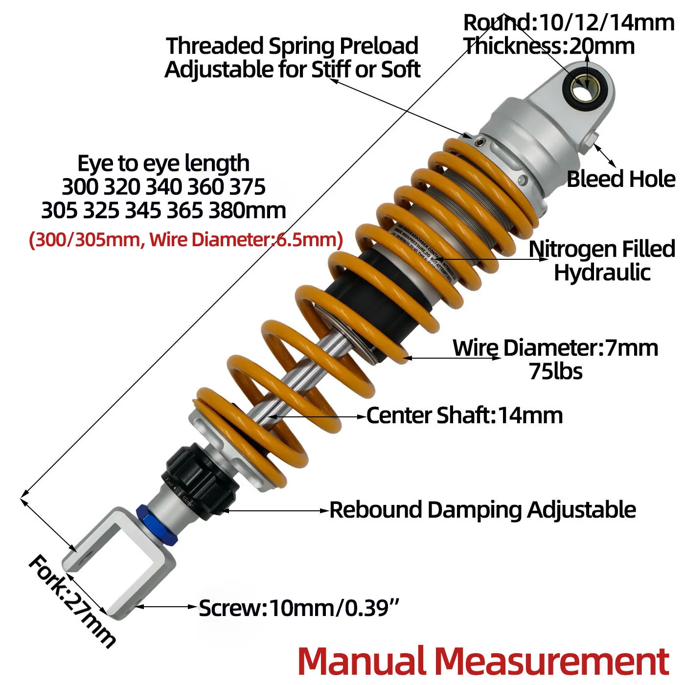 Fork 27mm 1 Piece 300mm 320mm 340mm 360mm 375mm 305mm 325mm 345mm 365mm 380mm Hydraulic rear shocks for Honda NS150G, Kymco H150