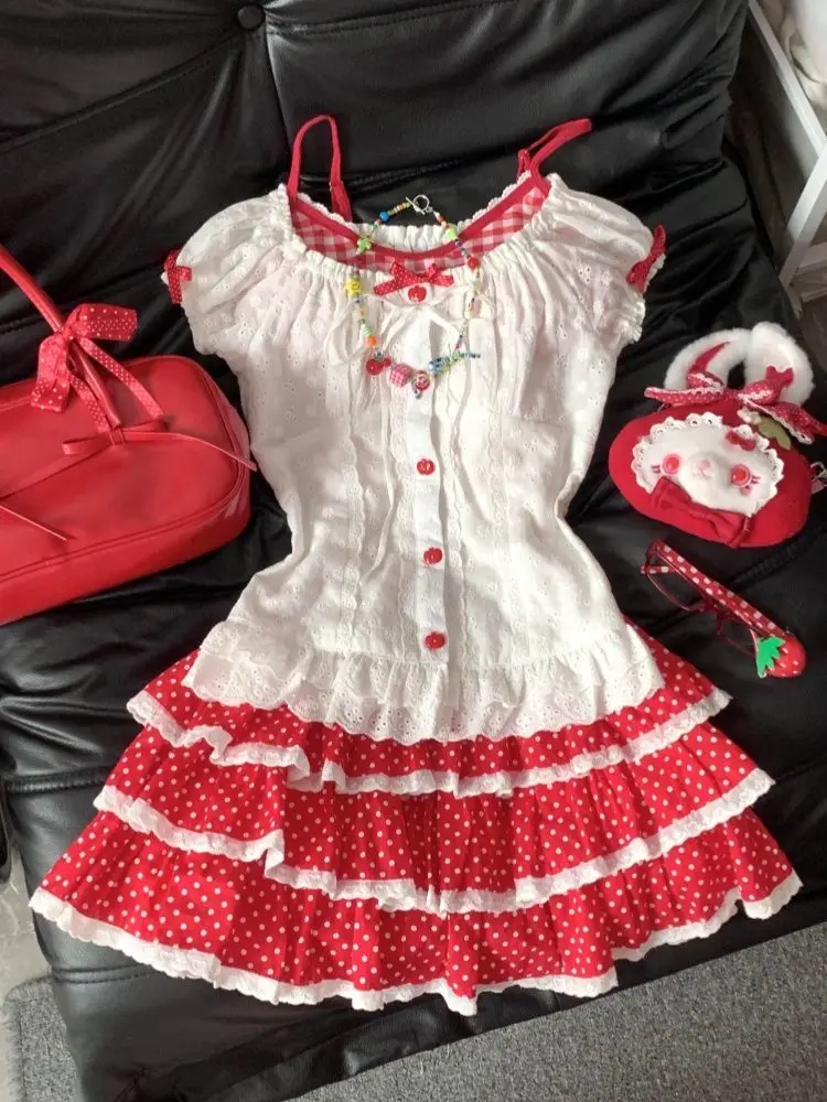 

2026 Japanese Cute Lace Sling Short Sleeve 2-piece Set New Summer Sweet Casual High-waisted White Polka Dot Skirt Suit Women's