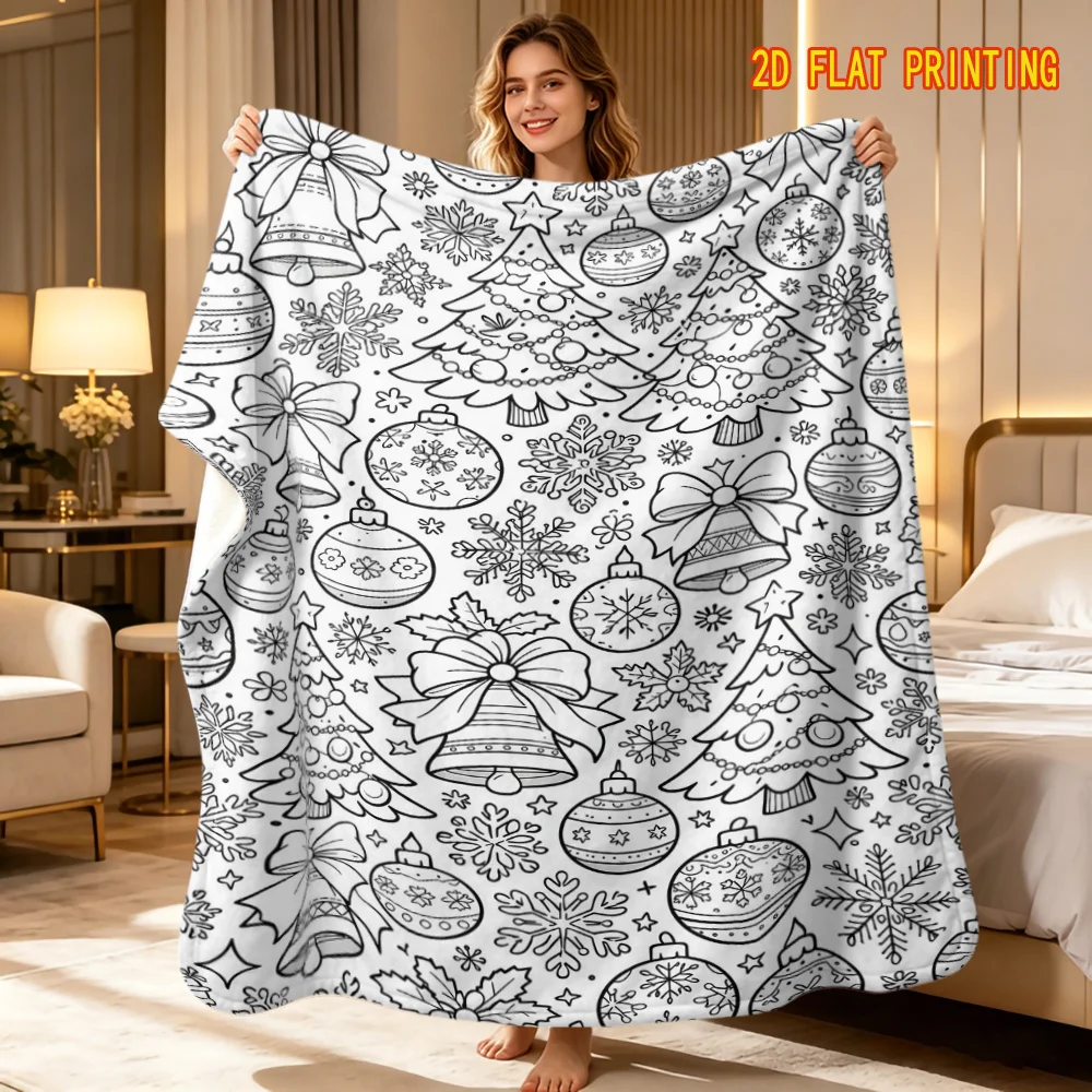 1pc 2D Flat Christmas Ornament DIY Coloring Blanket, Hand-drawn Black White Line Art with Full Print Xmas Tree, Bows, Bells