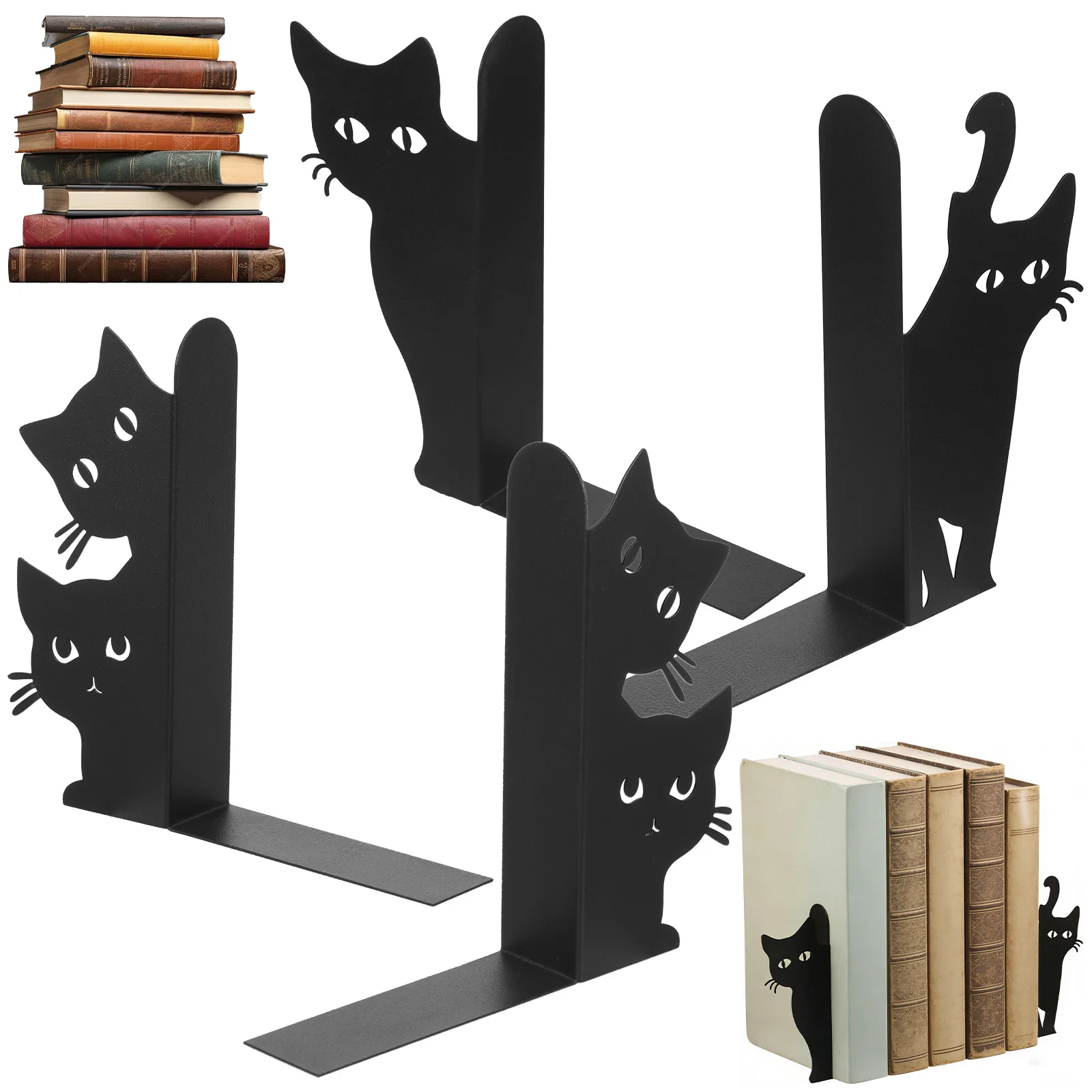 4Pc Peeping Cat Metal Bookend Cute Cat Book Ends for Shelves Bookshelf Decorative Home Office Desk Bookshelf Decor for Cat Lover