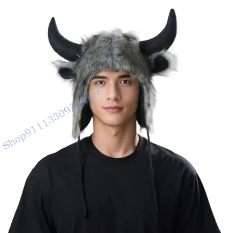 

H9ED Funny Horn Hat Halloween Party Hat Coldproof Headpiece Plush Earflaps Hat