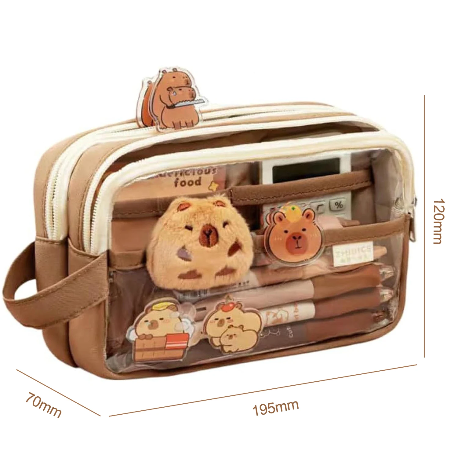 Cute Capybara Pencil Case School Supplies Clear Aesthetic Pencil Pouch with Cute Capybara Pins and Plush Stickers and Memo Pad