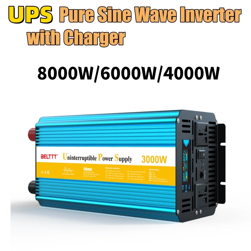 UPS inverter with charger 8000W 6000W 5000W 3000W DC 12V to AC 220V 230V converter pure sine wave transformer off grid for home