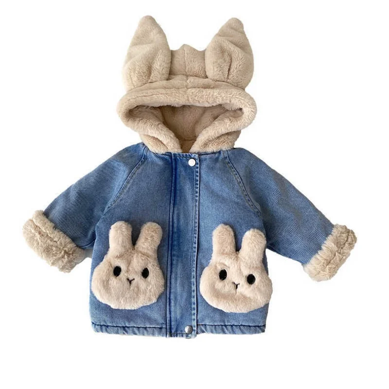 

2024 Winter Thicken Warm Baby Girls Denim Jacket Cute Plush Rabbit Ears Hooded Coats For Girl Children Outerwear Clothing 2-8Yrs