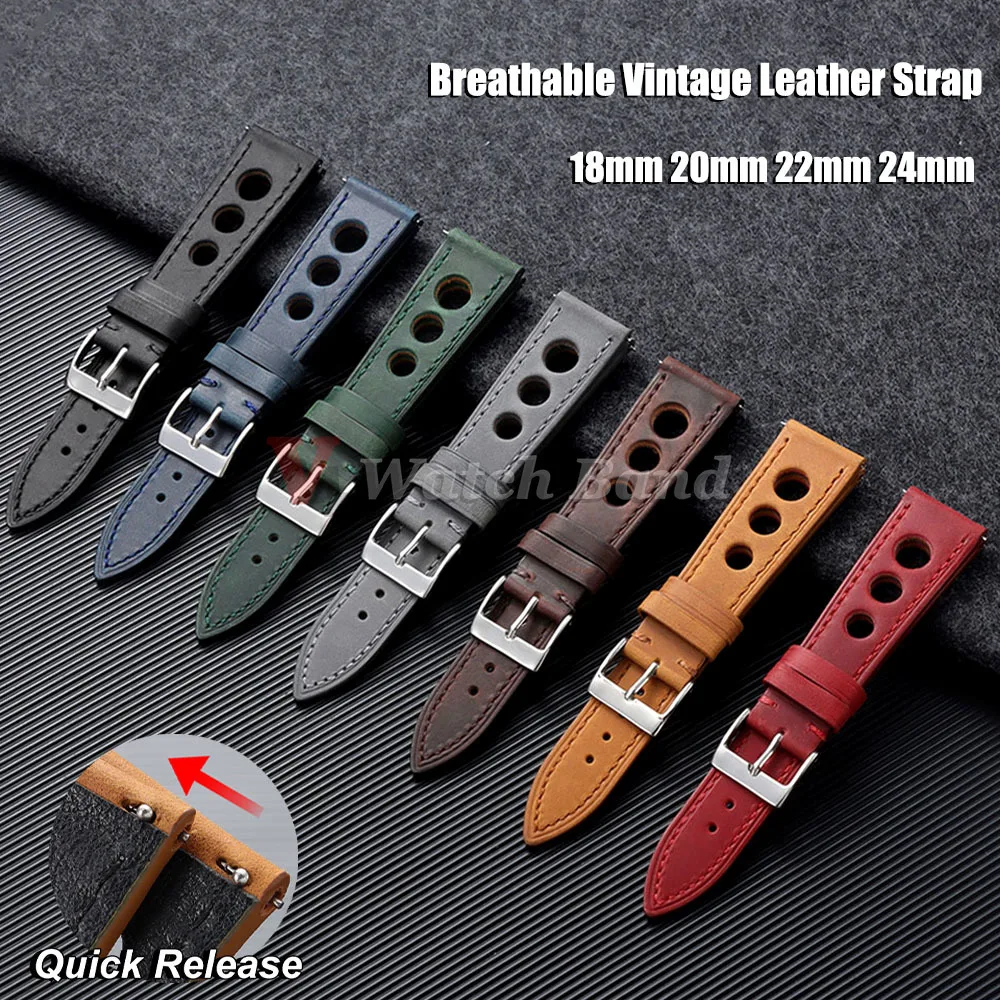 Dark Brown Breathable Porous Watchbands 18mm 20mm 22mm 24mm Vintage Racing Leather Watch Strap Quick Release Strap Accessory